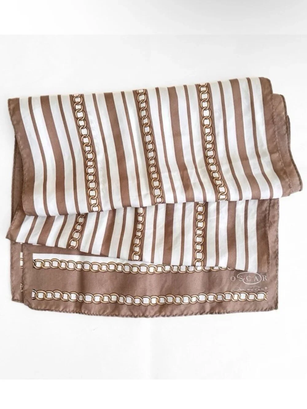 Oscar de la Renta Silk Chain Scarf Rectangle 54X11 Beige Brown Gold Designer